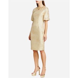 Teri Jon by Rickie Freeman Gold beaded embellished jacquard dress NWT